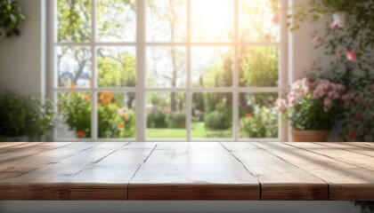 Minimalist Wooden Table Natural Light Garden View Copy Space Spring Room Interior