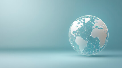A transparent globe with network connections on a gradient blue background, symbolizing global communication and digital interconnectedness in a modern, minimalist style.