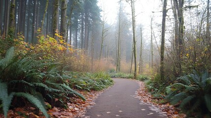 Obraz premium Misty autumn path winding through a lush forest with tall trees and vibrant foliage.