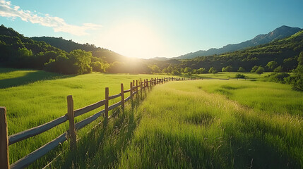 A serene landscape featuring a sunlit field, a wooden fence, and rolling hills under a clear blue sky