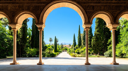 Obraz premium A picturesque view through ornate arches, showcasing a lush garden path lined with tall trees under a clear blue sky