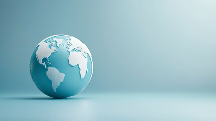 Fototapeta premium A minimalist globe with a light blue ocean and white continents is set against a soft blue background, creating a serene and modern aesthetic.