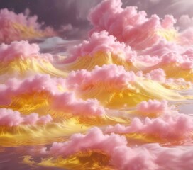 Fototapeta premium Cloud of pink and yellow liquid floating slowly through the air with soft ripples, ethereal, gentle, soft focus
