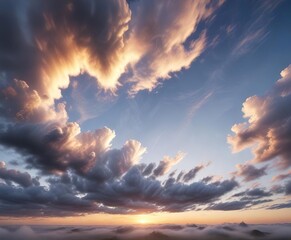 Fototapeta premium Cloudy sky with a few wispy cirrus clouds at dawn, sky, grayish blue
