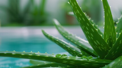 Fototapeta premium Herbal aloe vera oil for natural skincare benefits. Lush green aloe vera plant with water droplets