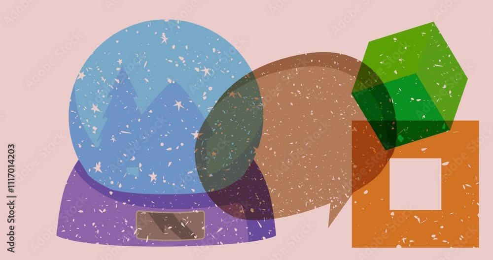 Poster risograph snow globe and speech bubble with geometric shapes animation. moving object in trendy riso