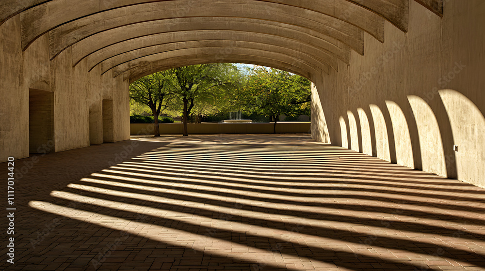 Poster a serene architectural space with curved ceilings, casting patterned shadows on the ground, surround