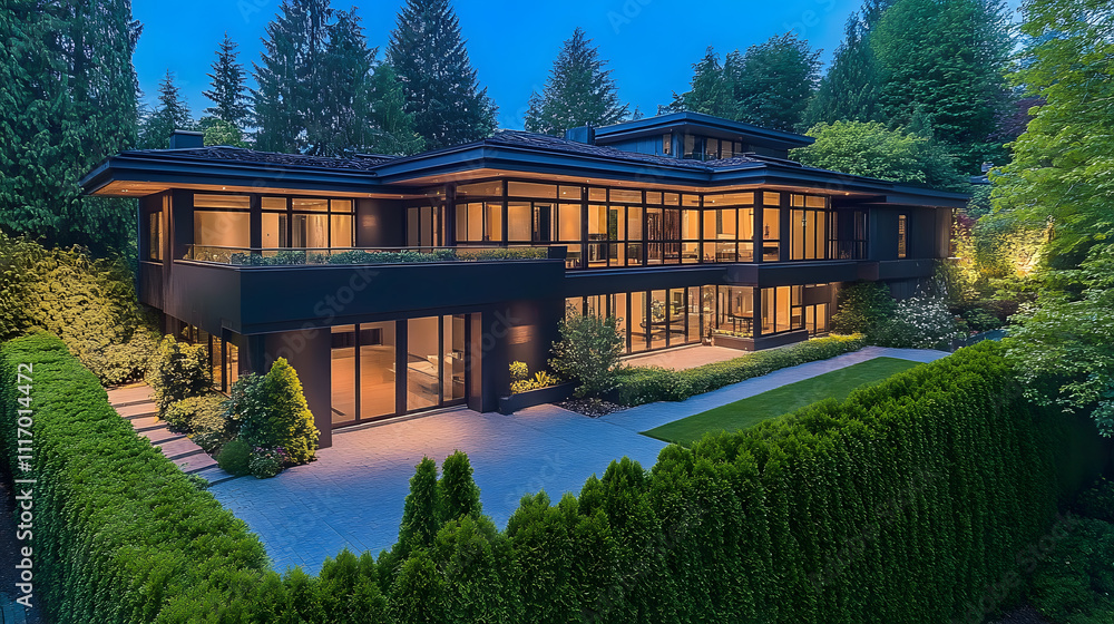 Poster a modern, elegantly designed house surrounded by lush greenery, illuminated at dusk, showcasing larg