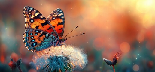 Morpho butterfly on dandelion with soft pastel background and sunrise glow