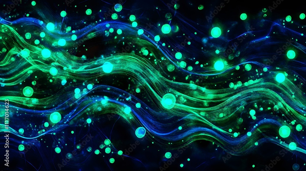 Poster circuit flow: blue and green lights trace the curves of an abstract circuit, with flickering points 