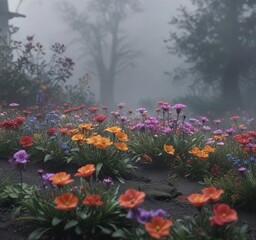 Obraz premium Colorful flowers blooming in a dark and eerie atmosphere with fog and mist , misty forest, outdoor scene, nature photography