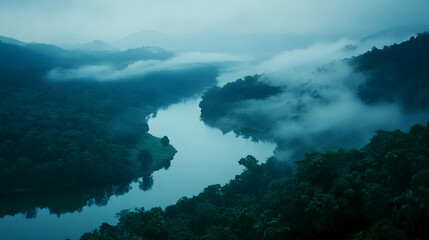 Misty river valley at dawn, shrouded in fog, tranquil scene.