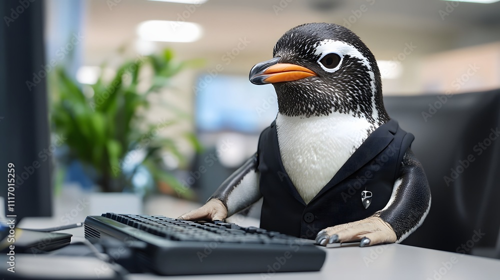 Poster a penguin in an office uniform, typing on a computer keyboard in an open-plan office, with lots of b