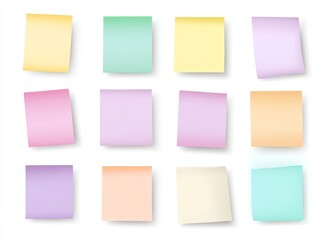 Twelve blank colorful sticky notes isolated on white background.