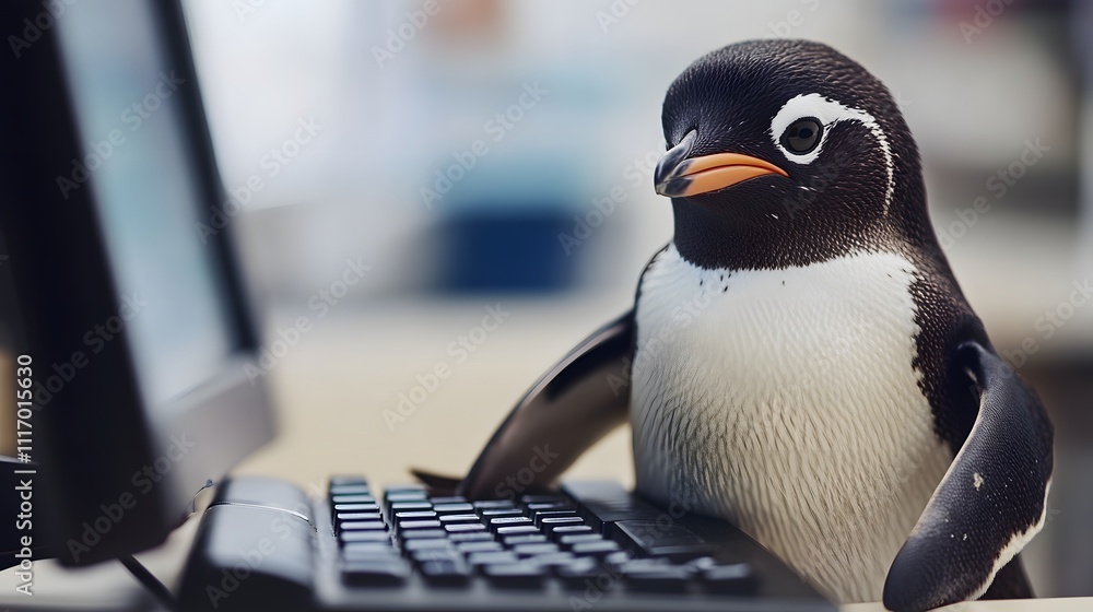 Poster a penguin in an office uniform, typing on a computer keyboard in an open-plan office, with lots of b