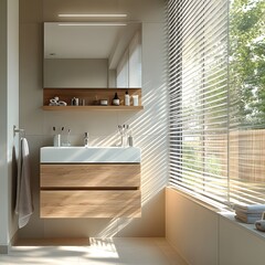 Modern Minimalist Bathroom with Wooden Vanity, Large Mirror, and Natural Light from Window Blinds Creating a Serene and Elegant Space.