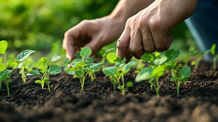 Gardening action planting seedlings in a green garden environment