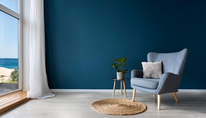 Empty Navy Wall Mockup in Coastal Interior with Armchair with a Cushion. Natural Daylight From a Window. Promotion Background.
