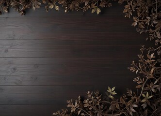 Dark wenge wood texture with scattered wooden branches and leaves, warm atmosphere , rich color