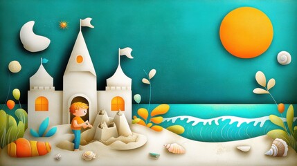 Whimsical Princess Gazing at Sunset on a Serene Beach Scene with Castle and Stars.