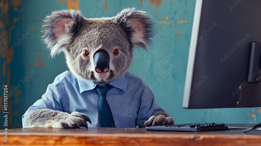 Poster a koala in a shirt and tie, looking at a computer monitor with a large space on the wall to add text