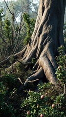 Fototapeta premium dense thicket of brambles and shrubs growing around an ancient tree trunk, natural scenery, shrubs, overgrown area