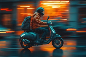 Scooter Rider in City Lights