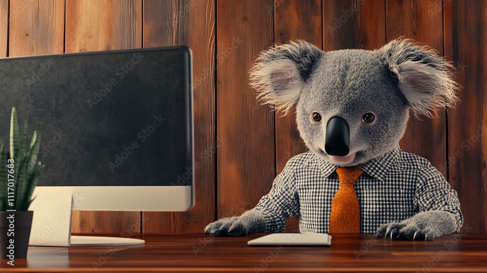 Poster A koala in a shirt and tie, looking at a computer monitor with a large space on the wall to add text
