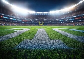 American Football Field Under Stadium Lights Ready for Night Game