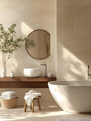 Modern Minimalist Bathroom with Freestanding Tub, Wooden Vanity, and Greenery Accents for a Serene and Stylish Spa-Like Atmosphere.