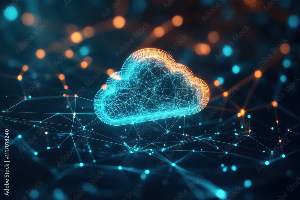 Poster digital illustration of cloud symbol with network of lines and nodes