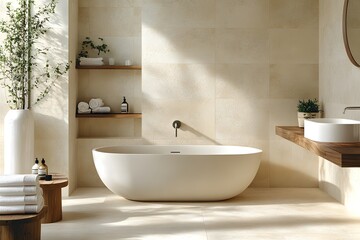 Modern Minimalist Bathroom with Freestanding Tub, Wooden Vanity, and Greenery Accents for a Serene and Stylish Spa-Like Atmosphere.