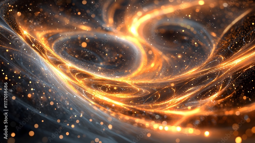 Poster quantum strands: the lights form complex, interwoven curves, and small points of light zip along the
