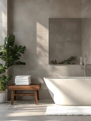 Elegant Modern Bathroom with Freestanding Tub, Wooden Bench, Rolled Towels, and Decorative Plant in a Serene, Neutral-Toned Setting.