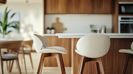 Fototapeta premium Modern Kitchen Interior Design with White Stools and Wooden Cabinets
