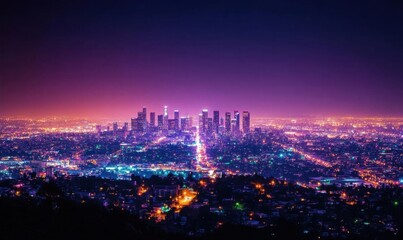 Obraz premium A vibrant nighttime cityscape of Los Angeles illuminated by colorful lights.
