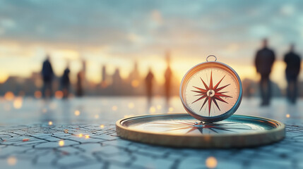 Team Leadership : A compass rests on a map at sunrise, with silhouetted people in the background, evoking themes of exploration and direction. - obrazy, fototapety, plakaty