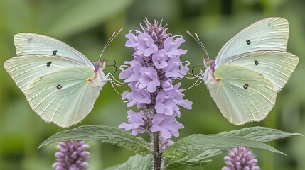 Naklejka premium Two Pale Yellow Butterflies on a Purple Flower