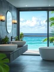 Luxurious Modern Bathroom with Ocean View. A Serene Retreat Featuring Dual Sinks, Freestanding Bathtub, and Floor-to-Ceiling Windows Overlooking a Tropical Beach and Crystal Blue Waters.