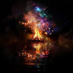 Magical bonfire with fireworks reflecting on water at night.