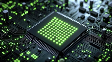 Obraz premium Close-up of a circuit board with a microchip and glowing elements.
