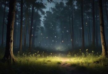 Obraz premium Flickering lights of fireflies in a forest clearing, forest clearing, bioluminescence