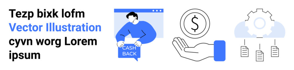 Person receiving cash back, hand holding coin symbol, gear with documents. Ideal for finance apps, e-commerce, business websites, financial blogs, marketing materials, app interfaces, corporate