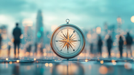 Team Leadership :A compass stands prominently in focus amidst a blurred urban background, symbolizing guidance and direction in the bustling cityscape.