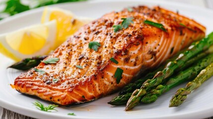 A beautifully plated salmon fillet with asparagus and lemon slices.