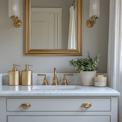 Elegant Bathroom Vanity with Gold Fixtures and Marble Countertop Featuring a Large Framed Mirror, Soap Dispensers, Towels, and a Potted Plant for a Luxurious and Stylish Look.