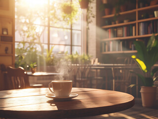 .A warm and inviting cafe interior with a steaming coffee cup placed on a rustic wooden table