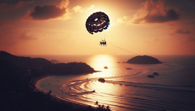 A group parasailing over the ocean, silhouette, action photography, aesthetics,