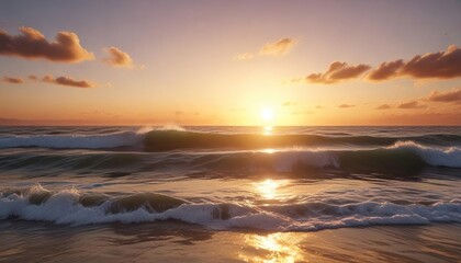Fototapeta premium Golden hues of sunset dance across the gentle waves, peaceful, beach