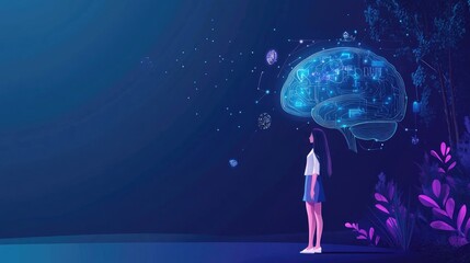 Obraz premium Woman Gazing at a Digital Brain Network Visualization